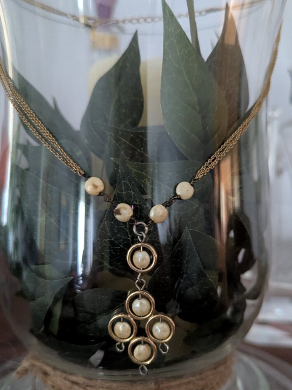 Monet Vintage Faux Pearl Gold Tone Pendant Necklace Signed Elegant Statement